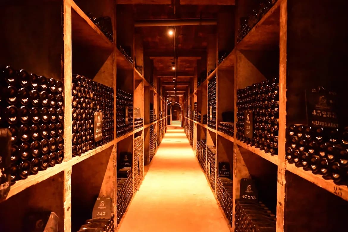 An underground wine cellar with rows of bottles stored in dimly lit alcoves, a testament to the region's famous Burgundy wine.