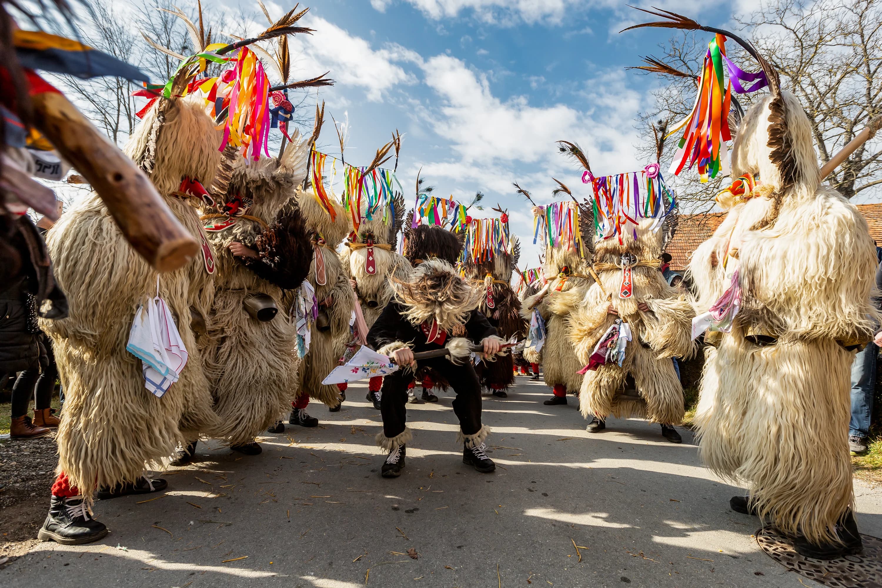 People in traditional, furry Kurent costumes with bells and colorful ribbons dance in a street festival.