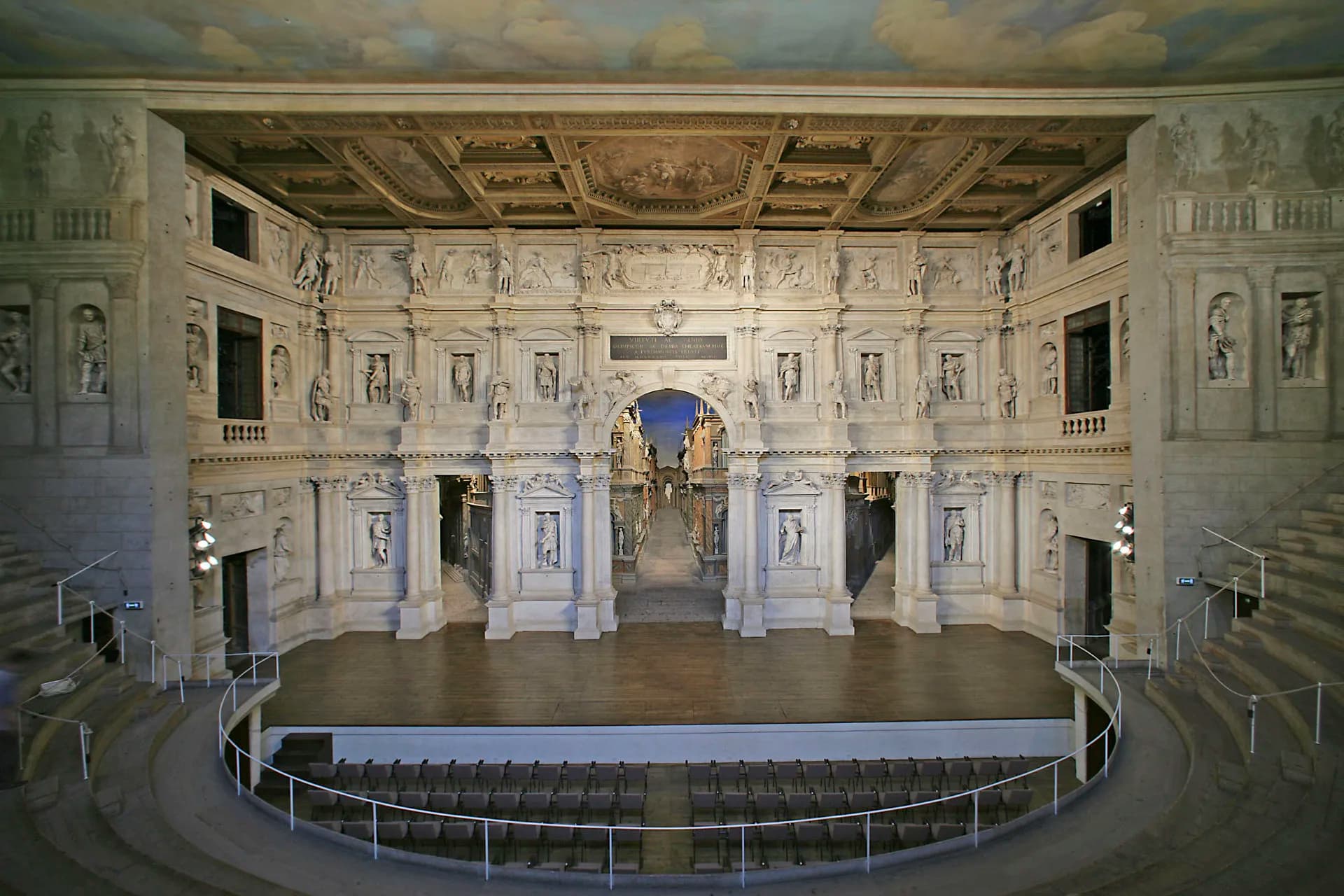 The magnificent Teatro Olimpico, a UNESCO World Heritage site, is a stunning Renaissance-era indoor theater with an elaborate stage set.
