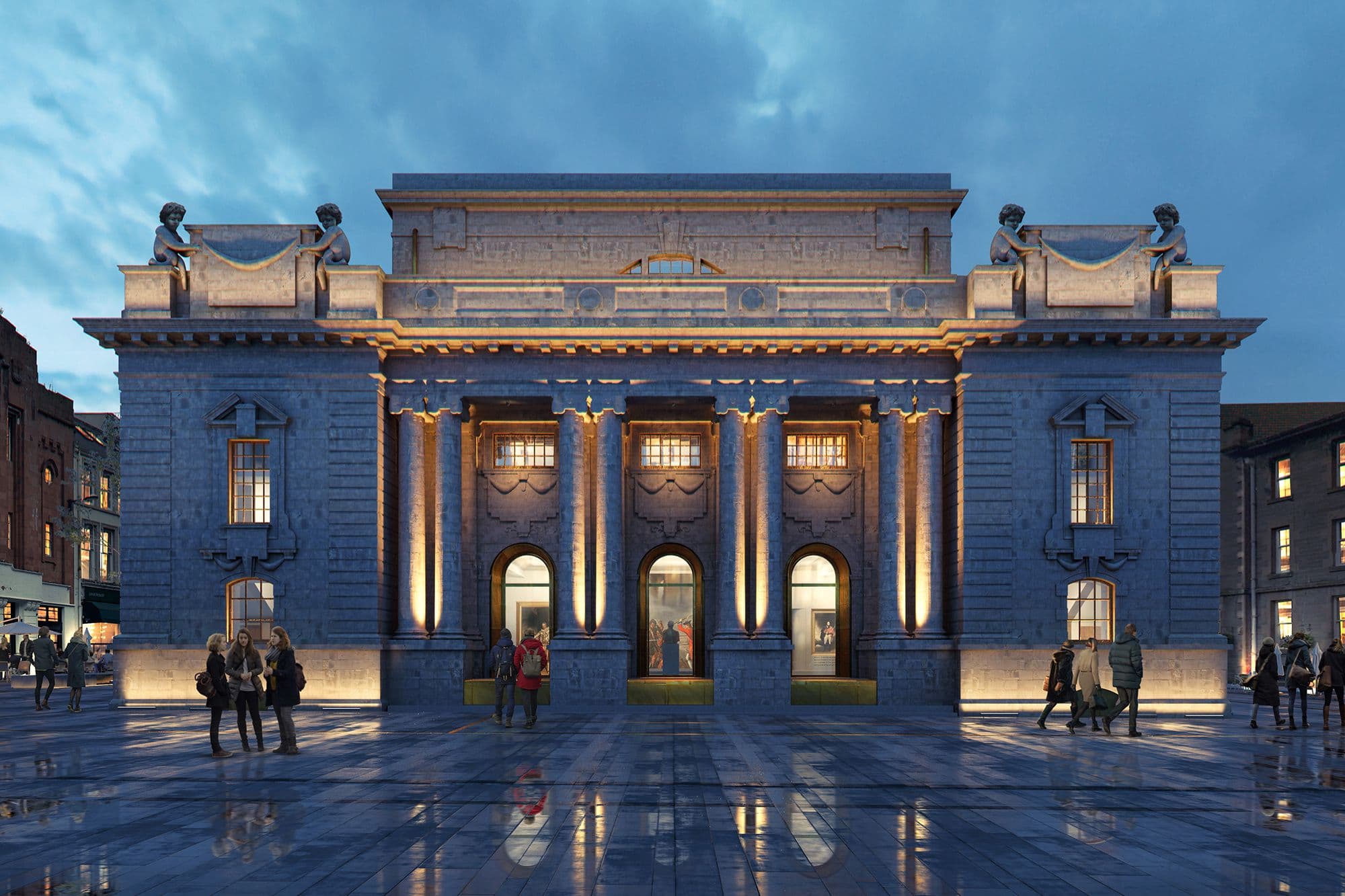 A grand, neo-classical building with large columns and statues, illuminated at night, with people walking on the wet pavement