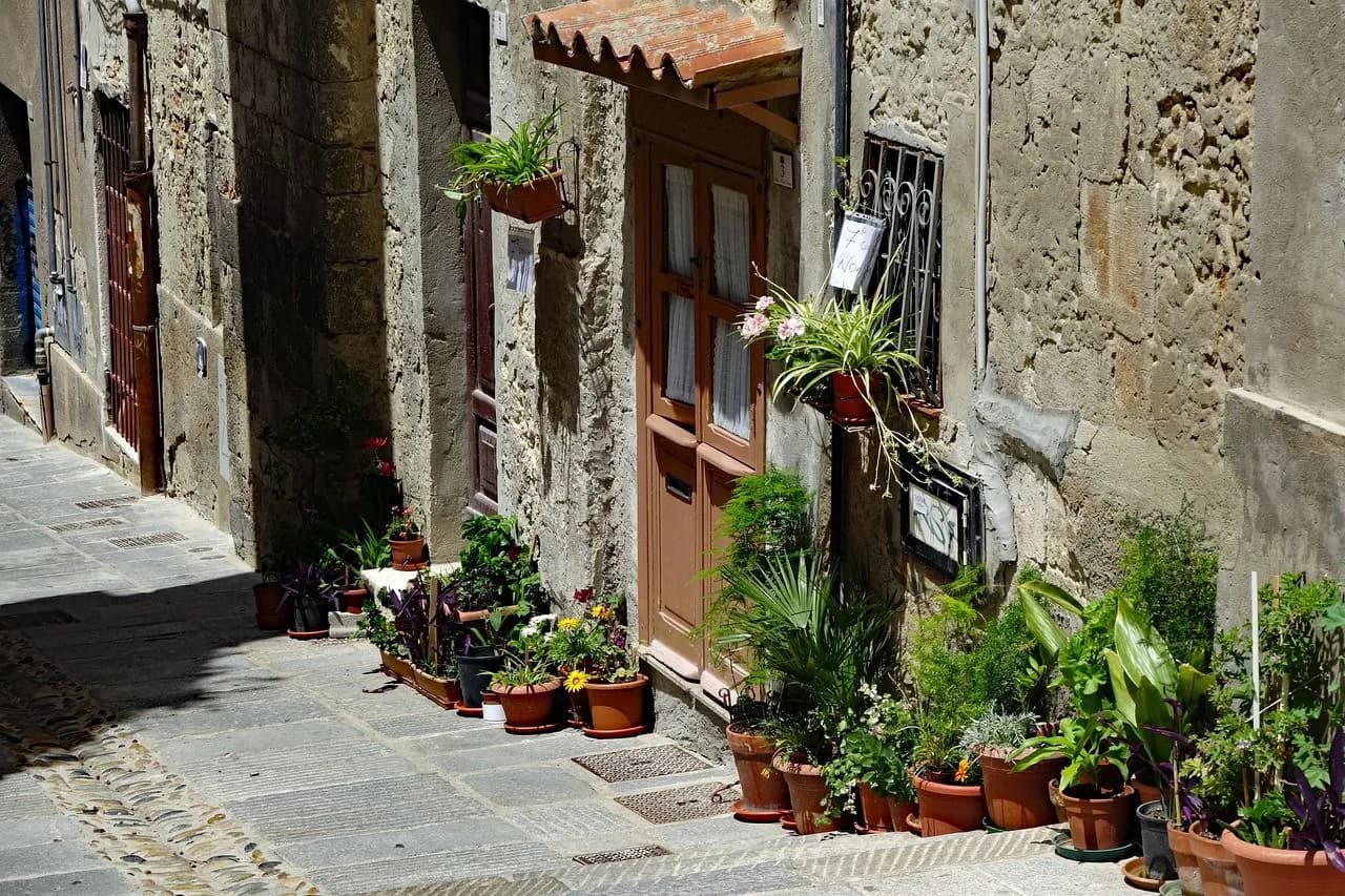 A narrow, sun-drenched street in Cagliari is lined with stone buildings and lush potted plants.