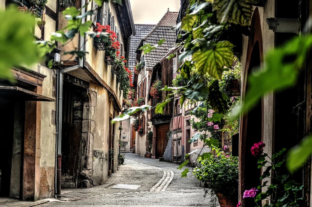 A narrow, cobblestone alleyway winds between historic half-timbered buildings adorned with flower baskets.