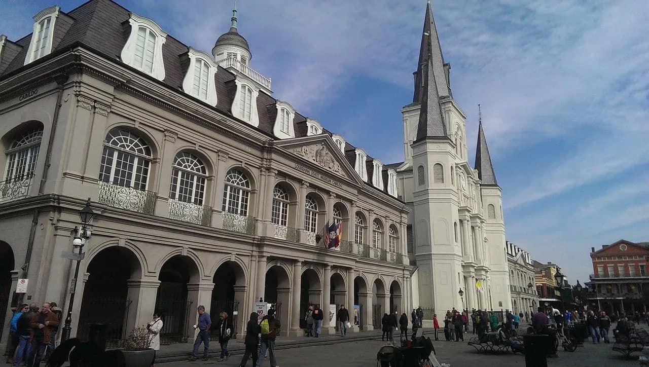 The magnificent St. Louis Cathedral, with its twin spires, stands in the historic Jackson Square of New Orleans.