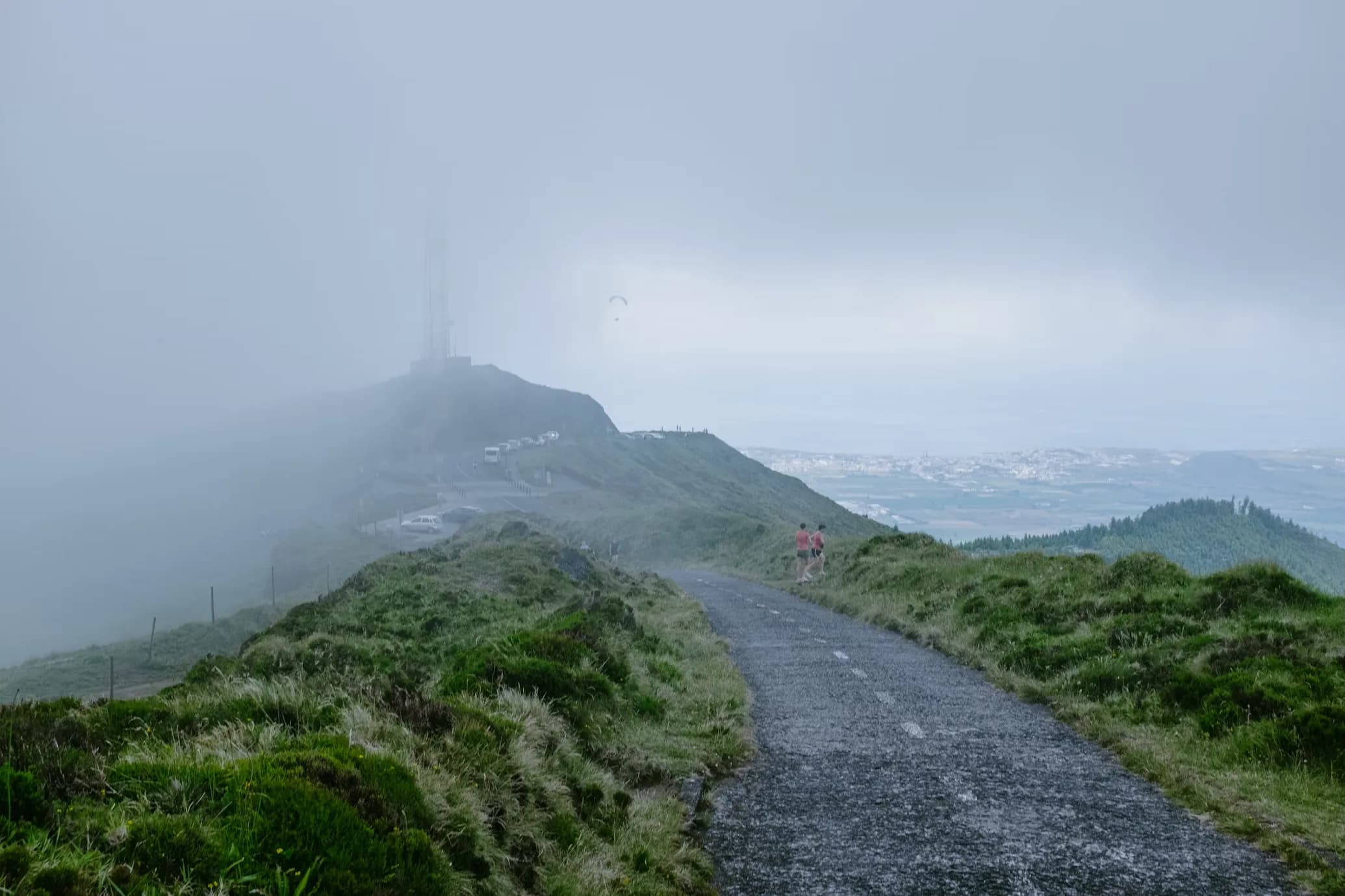 The natural beauty of the Azores is captured in a panoramic view of a lush green valley with a stream flowing through it.