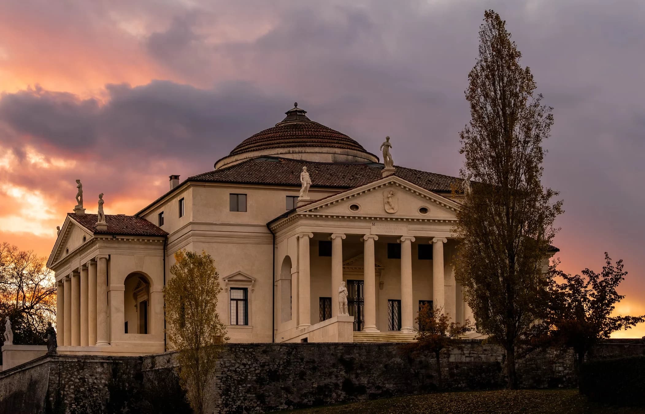 The Villa La Rotonda, a beautiful Palladian villa with a large dome and columns, is a masterpiece of Renaissance architecture.